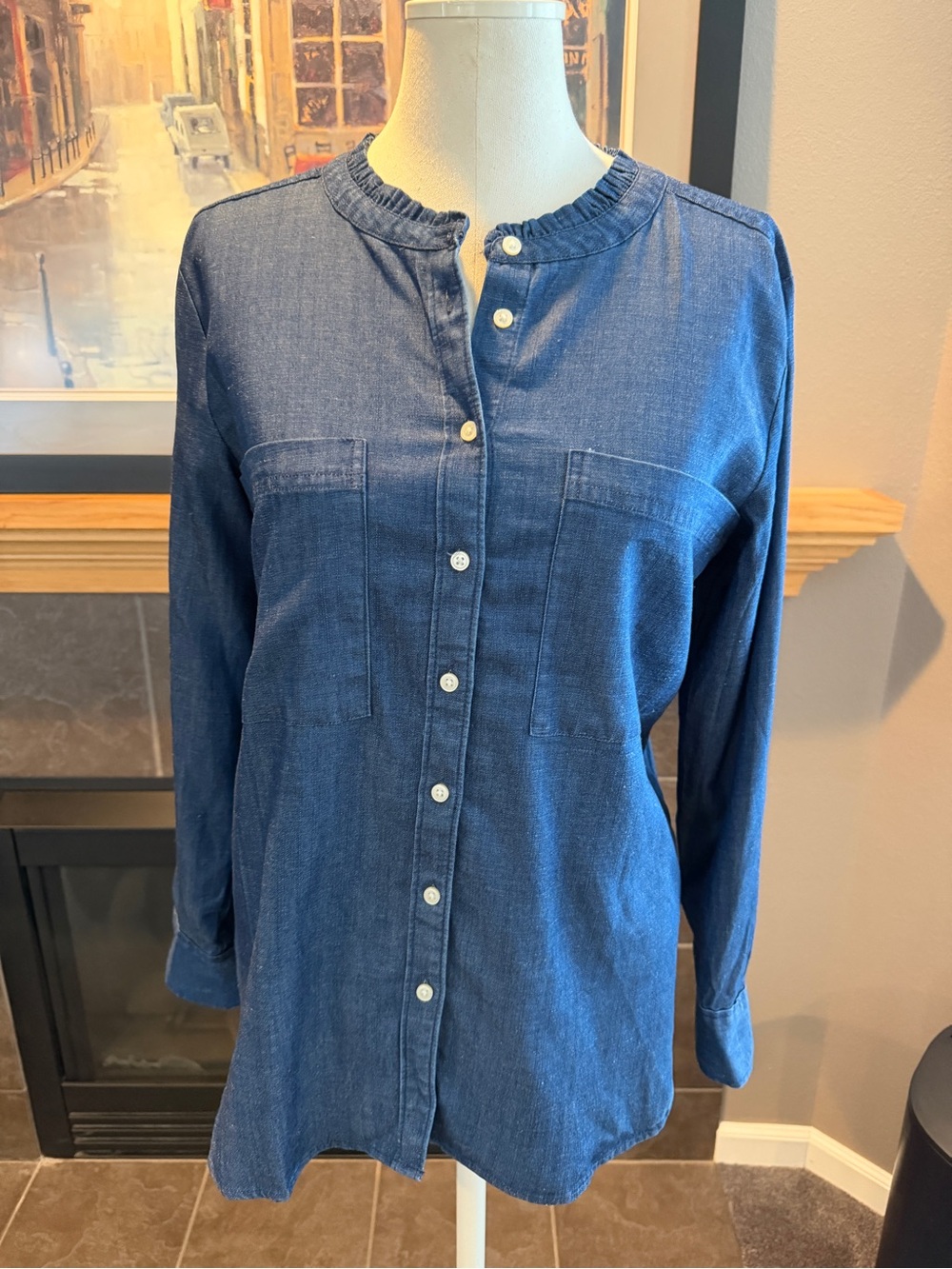NWT Loft Ruffle Collar Button-Front Denim Top